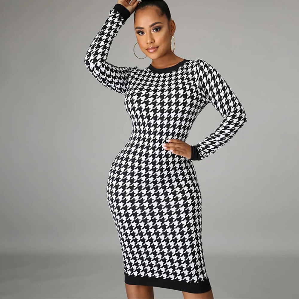 Houndstooth Print Long Sleeve Midi Dress Women 2023 Autumn Winter